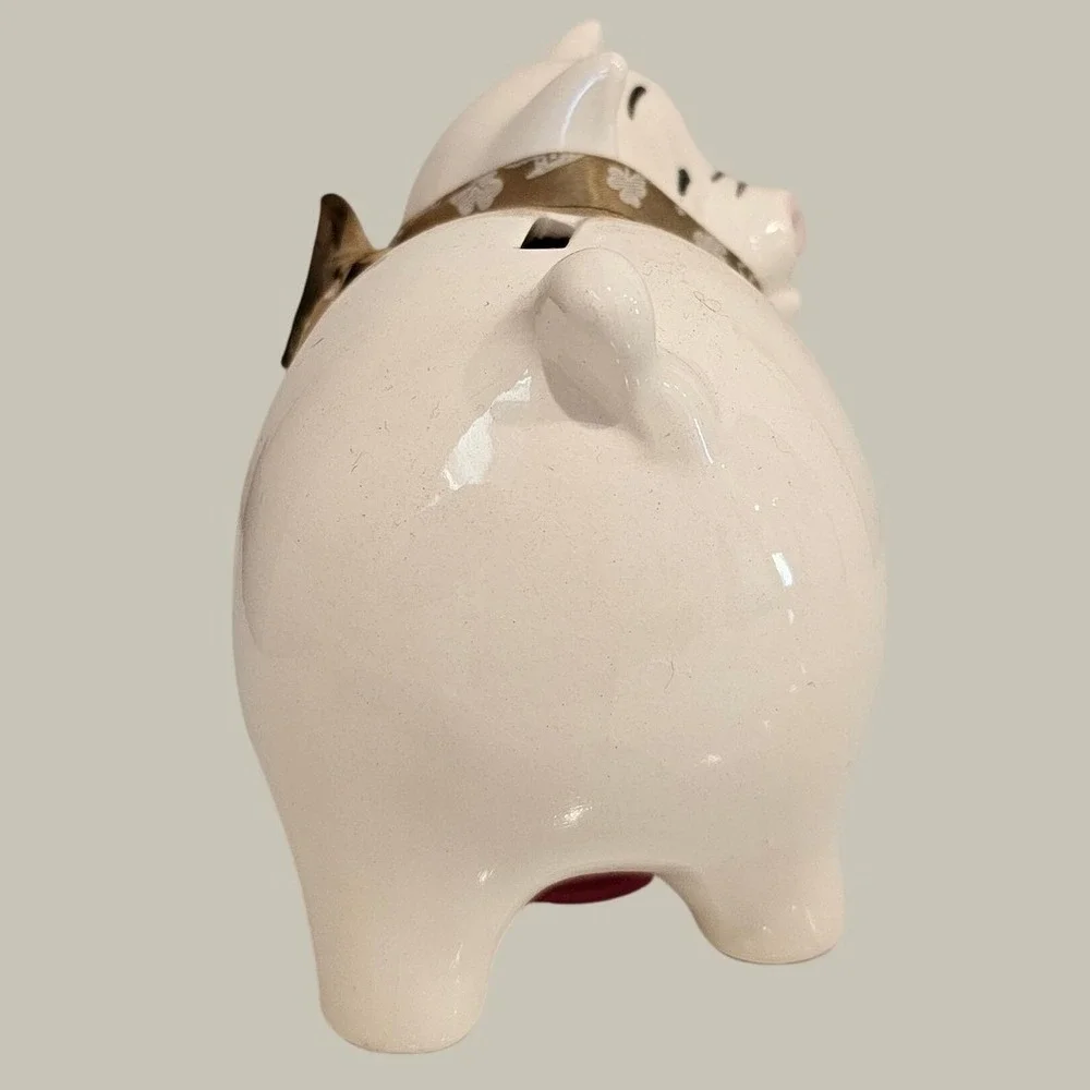 Vintage Ceramic Piggy Bank Winking Pig Off White Floral Ribbon Coin Bank